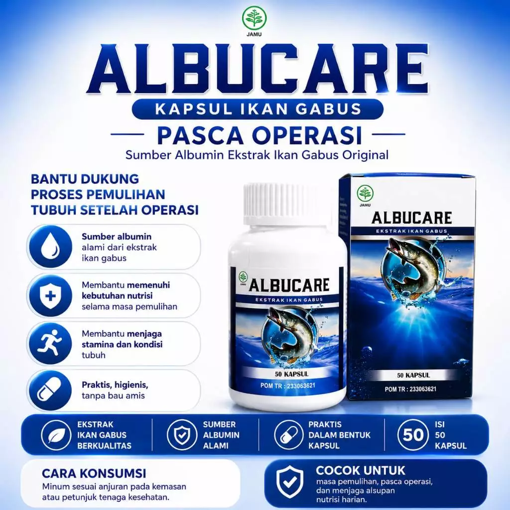 ALBUCARE Kapsul Ekstrak Ikan Gabus Obat Herbal Penyembuh Luka Jahitan Luka Bekas Operasi Luka Kecelakaan Pengering Luka