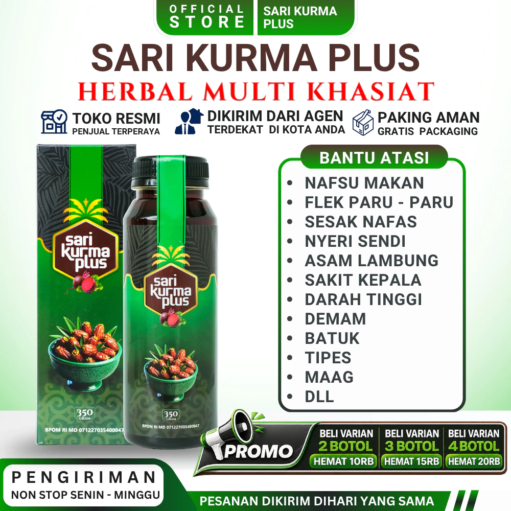 Sari Kurma Plus  Asli 100% Original Obat Herbal Penambah Nafsu Makan Berat Badan Asam Lambung Maag Gerd Flek Paru Paru Asma Sesak Nafas Kolesterol Darah Tinggi Sakit Kepala Demam Batuk Berdahak Menahun Tipes Diabetes Stroke Ispa